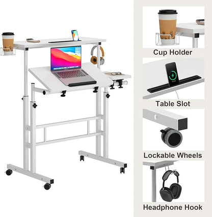 SDHYL 31.5 inches Movable Laptop Desk with Mouse Board Adjustable Height and Angle Anti-Slip Workstation Home Office Desk with Tablet Slot Portable Student Desk, White with Hook