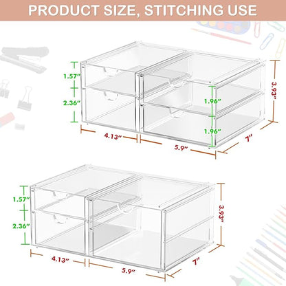 caktraie Acrylic 2-Pack 7-Drawer Makeup & Storage Organizer for Bath,Desk | Smooth-glide drawers, clear body, dustproof, wipe clean, for office supplies, pens, rings, earrings, tweezers, cotton swabs