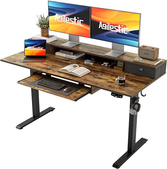 Electric Standing Desk with 2 Drawers and Keyboard Tray, 55 x 24 Inches Ergonomic Adjustable Height Desk with Storage, Sit Stand up Desk Computer Workstation, Rustic Brown