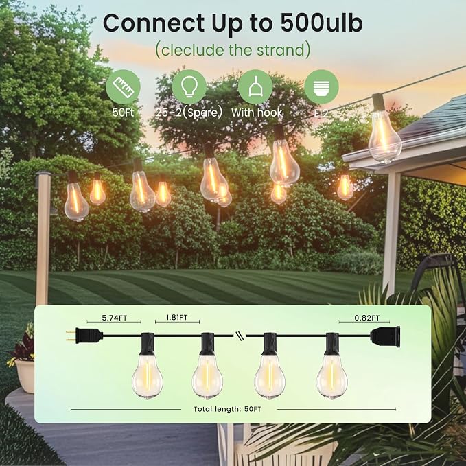 Outdoor String Lights 50FT LED String Lights for Outside with 27 A39 Waterproof Edison Bulbs (2 Spare), Patio Lights Outside Hanging for Bistro,Balcony,Porch,Yard,Garden,Black Cord