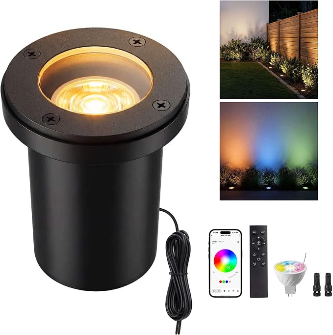 Smart RGBCW Outdoor In-Ground Well Light, 12V Low Voltage Landscape Lighting with App & Remote Control, Replaceable Bulb for Yard, IP65 Waterproof, Transformer and Wire Not Included, 1 Pack