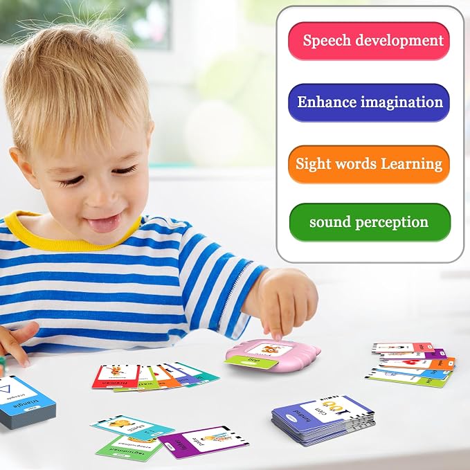 Startcan Spanish & English Talking Flash Cards for Girls 3-6, Audible Toys with Music to Learn Numbers 0-100, Letters, Phrases and More Spanish and English Vocabulary - 278 Cards and 556 Words(Pink)