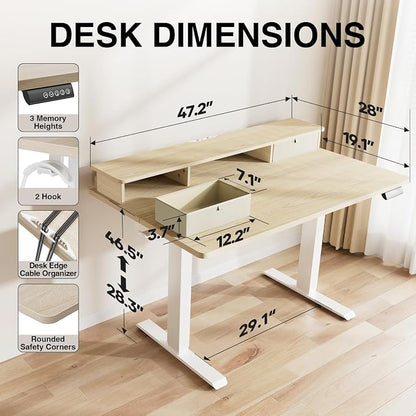 Veken 47x28 in Electric Standing Desk with Drawers, Adjustable Table, Wood | Stand up Computer Desk for Home Office, Work & Study, with Storage, 3 Memory Presets, Cable Organizer, Hook, and Quiet Lift.