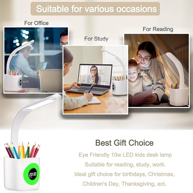 YOUKOYI LED Desk Lamp with Clock, Kids Desk Lamp, 10W Dimmable Study Lamp with Pen Holder, 4 Lighting Modes&5 Brightness Level with Color Changing Nightlight, Desk Lamps for Home Office, Gift for Kids