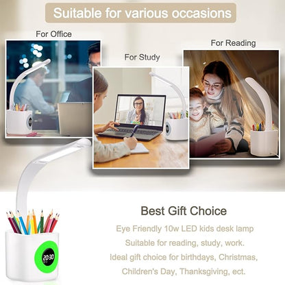 YOUKOYI LED Desk Lamp with Clock, Kids Desk Lamp, 10W Dimmable Study Lamp with Pen Holder, 4 Lighting Modes&5 Brightness Level with Color Changing Nightlight, Desk Lamps for Home Office, Gift for Kids