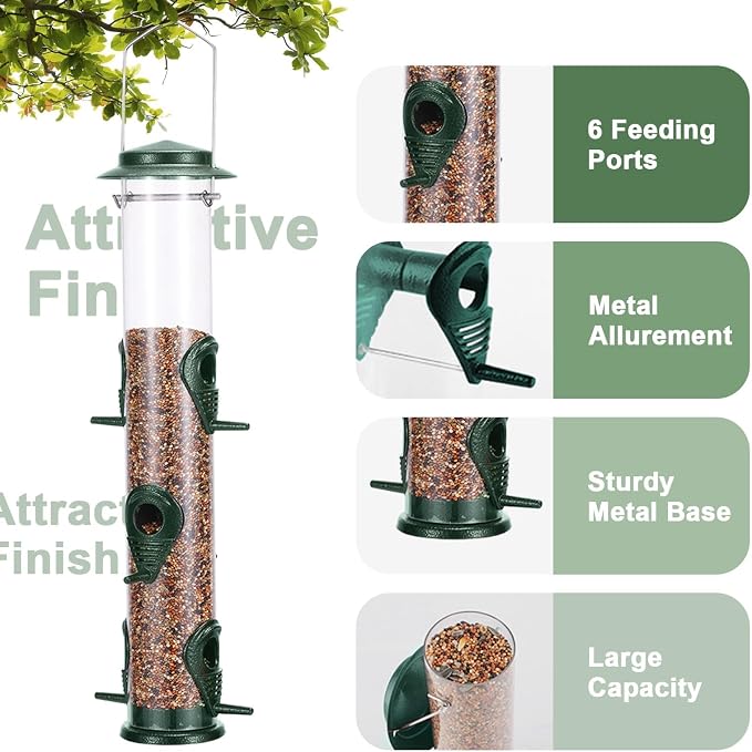 MIXXIDEA 1PK Metal Bird Feeders with 6 Feeding Ports,Tube Bird Feeder with Steel Hanger,Hard Plastic Wild Bird Feeder for Outdoors Hanging, Attracting Birds in Your Lawn, Garden, Balcony–Green