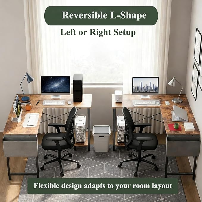 L Shaped Desk Computer Desk, 50inch Brown Gaming Desk with CPU Stand | Reversible Corner Desk, Storage Bag, Sturdy Metal Frame, Student Study Writing Table for Home Office