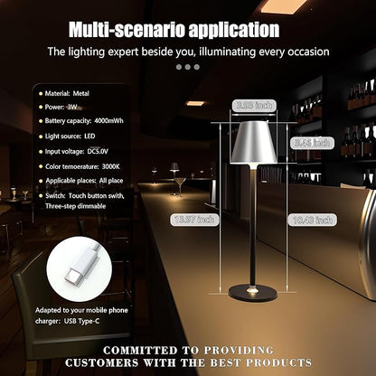 Modern LED CordlessTable Lamp,4000mAh Rechargeable Battery Desk lamp,3 Level Brightness Night Light, Metal Shell,Minimalist Design, for Couple Dinner/Coffee Table/Restaurant/Bedroom(Sliver&Black)
