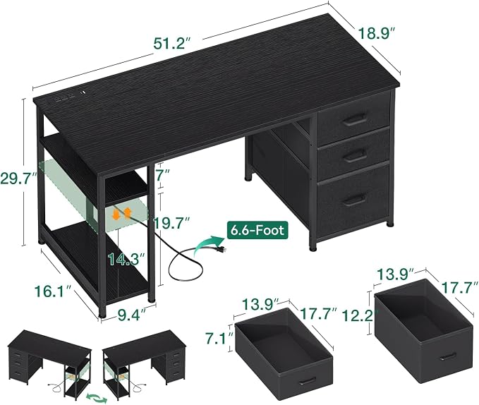 AODK 51 Inch Computer Desk with Drawers & USB Power Outlets | Reversible Home Office Desk with Storage Shelves, Work from Home, Modern Work/Writing/Study Table for Bedroom, Black