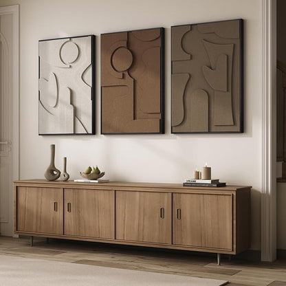 Large Framed 3D Textured Wall Art for Living Room, Set of 3 Abstract Geometric Wall Decor, Modern Neutral Brown Minimalist Pictures Artwork for Bedroom Dining Room Hallway Office, 24x36 Inch