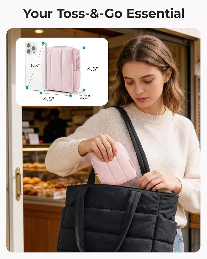 BAGSMART Small Makeup Bag for Women with Slip-in Pocket, Greige | Zipper Pouch, For Purse, Toiletry Pouch, Puffy Padded Mini Cosmetics Bag, Travel Essentials, Cute Make Up Organizer