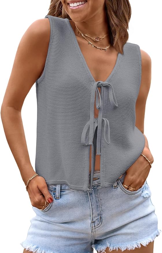 LILLUSORY Womens Tie Front Tops Vacation Sweater Vest | Bohemian Style, Beach Resort Wear, Concert Western Outfits, Crochet Tops, Vacation Outfits, Cute Y2k Sleeveless 2026