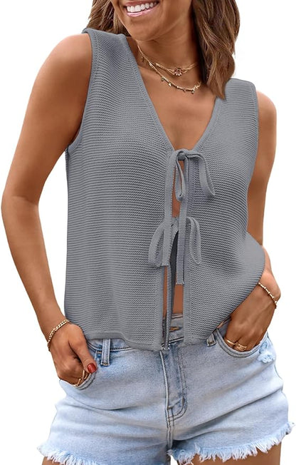 LILLUSORY Womens Tie Front Tops Vacation Sweater Vest | Bohemian Style, Beach Resort Wear, Concert Western Outfits, Crochet Tops, Vacation Outfits, Cute Y2k Sleeveless 2026