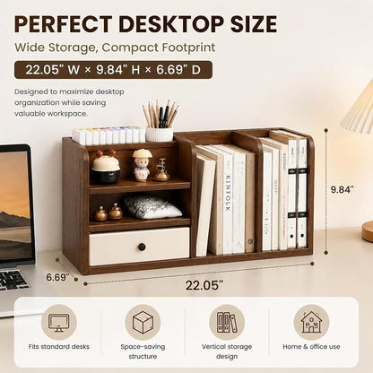 Desktop Organizer with Drawer & Dual File Compartments, Multi-Functional MDF Desk Storage Rack with 3-Tier Shelves and Pen Holder, Space Saving Desk Organizer 22.0×10.6×6.7 Inch for Study Room