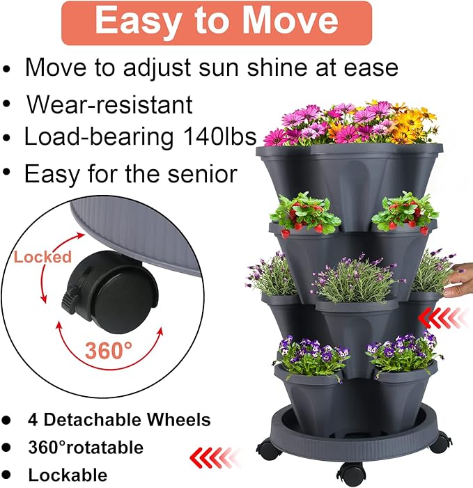 DUNCHATY Stackable Planter, Vertical Garden Planter with Wheels and Tools, Self Watering Strawberry Planter Indoor/Outdoor 4 Tier Herb Planter Pots for Growing Vegetables and Succulents, Dark Gray