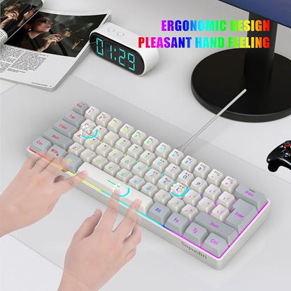 Snpurdiri 60% Wired Gaming Keyboard, 61 Keys RGB (Grey-White) | Backlit Small Gaming Keyboard for PC/Mac Gamer, Typist, Travel, Easy to Carry on Business Trip
