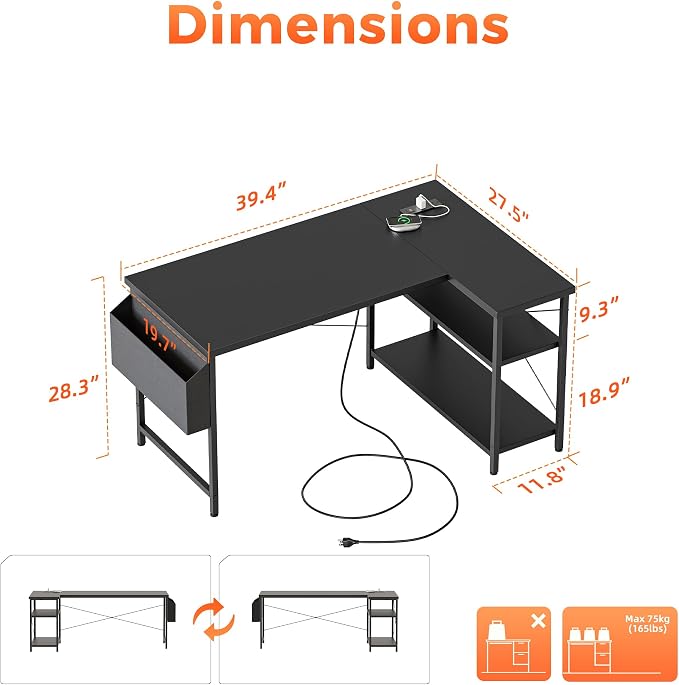 Mericonia 39 inch Corner Desk with Shelves, Small L Shaped Gaming Desk | Reversible Computer Desk with Power Outlets & Storage Bag, Office Table for Home Bedroom Study Work Writing