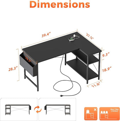 Mericonia 39 inch Corner Desk with Shelves, Small L Shaped Gaming Desk | Reversible Computer Desk with Power Outlets & Storage Bag, Office Table for Home Bedroom Study Work Writing