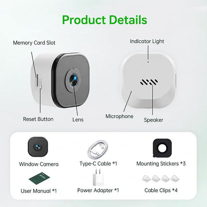 2K Window Camera,2.4G WiFi Indoor Camera for Home Security, AI Color Night Vision, Person & Motion Detection,911 Emergency, US Based Cloud, 24/7 Recording
