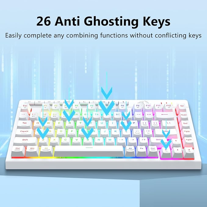 Redragon Wireless Gaming Keyboard, Portable 75% Compact,RGB Backlit, White | Bluetooth/2.4GHz/USB-C Wired, Mini Quiet Macro Membrane Keyboard, Rechargeable 4000mAh Battery, Anti-Ghosting for Win/MAC