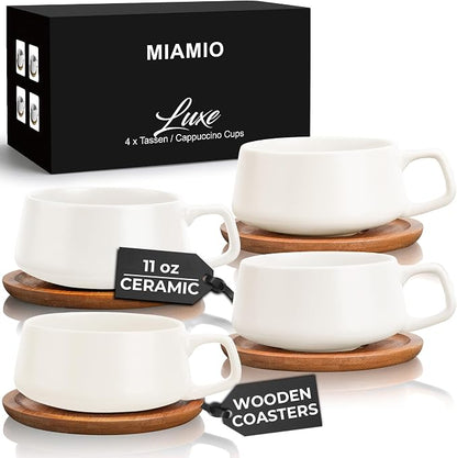 MIAMIO - Cappuccino Cup Set of 4, Ceramic, Wide (9.5oz) - Luxe (White) | Ceramic cappuccino cups and saucers, wide latte cups and mugs for Americano, 4-piece set of ceramic cups, dishwasher safe