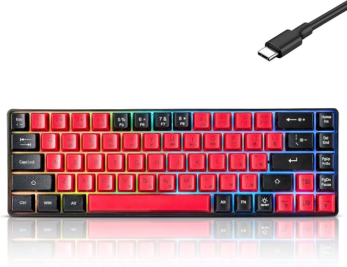 Wired Portable 60% Mechanical Feeling Gaming Keyboard,RGB LED Backlit Compact 68 Keys Mini Wired Office Keyboard for Windows Laptop PC Mac Gamer, Typist, Travel on Business Trip- Red and Black