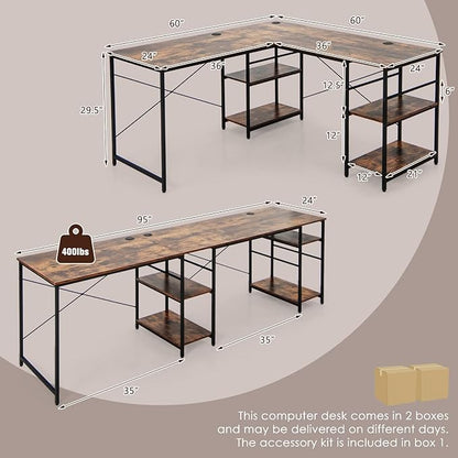 L-Shaped Home Office Desk, Corner Computer Desk w/Monitor Stand, Reversible PC Desk w/Heavy-Duty Metal Frame, Long Office Desk for 2 Person, Space-Saving Design (Rustic Brown)