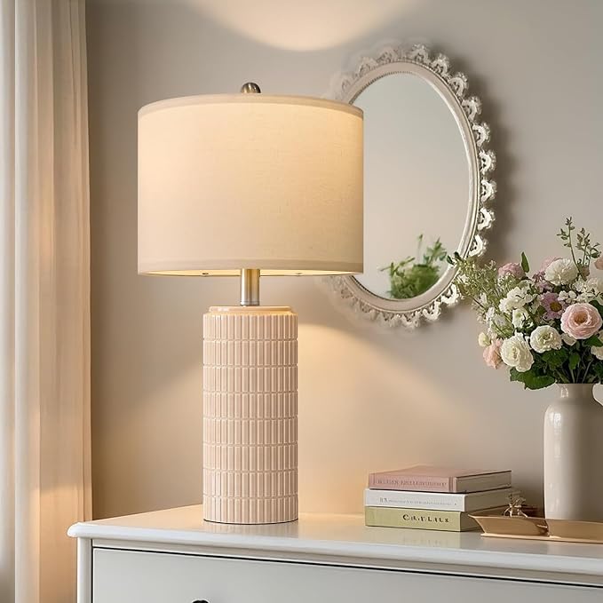PoKat 23" Pink Ceramic Table Lamps Set of 2, Modern Bedroom Lamps for Girls Room, Bedside Lamps for Night Stands, Cute Lamps for Living Room Decor, Nightstands Desk Lamp, Pink