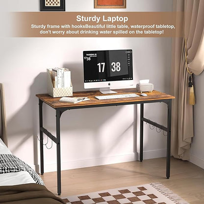VECELO 44 Inch Computer Stable Writing Study Work 6 Hooks Adjustable Feet Wooden Desk for Home,Bedroom,Rusic Brown, 44Inches