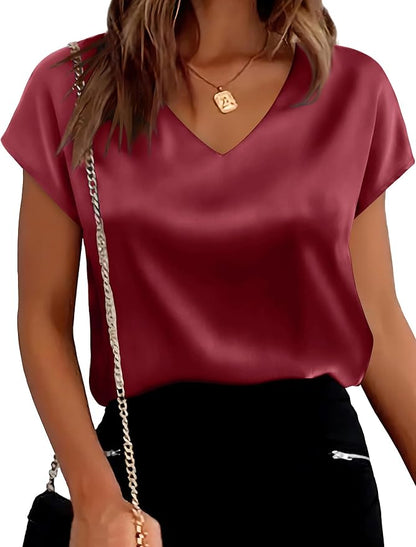WIHOLL Womens Satin Summer Tops Cap Short Sleeve Blouses V Neck Shirts Business Casual Outfits Fashion Clothing 2026