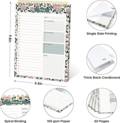 Taja To Do List Notepad, Undated Daily Planner for Work and Goal Setting | Rose Meadow, 52 Sheets, 9.8" x 6.5" , for Office, Home and school, Daily Task Planning, Notes and Everyday Organization