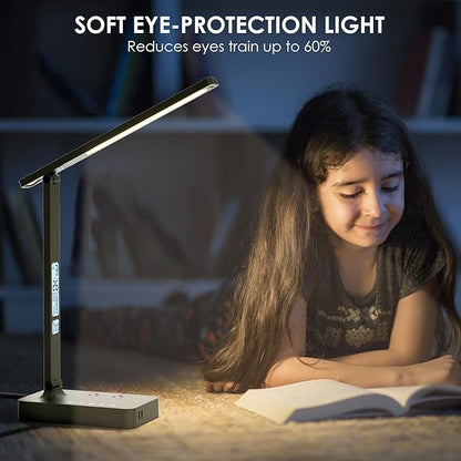 Desk Lamp with USB Charging Port: LED Eye-Caring Smart Table light for Home Office - 1 Type-C, 1 USB-A Charging Port, 2 AC Power Outlets.