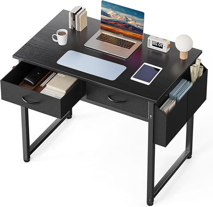 DUMOS 32" Home Office Computer Desk with Drawers, Small Gaming Writing Study Table with Storage Side Bag, Headphone Hook and Adjustable Feet for Bedroom Black | Home Office Desk for Bedroom, Gaming Writing Study Desk with Adjustable Feet