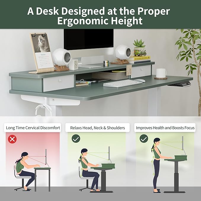 FEZIBO 55 x 24 Inch Height Adjustable Electric Standing Desk with Double Drawer, Stand Up Desk with Storage Shelf, Sit Stand Desk, Green