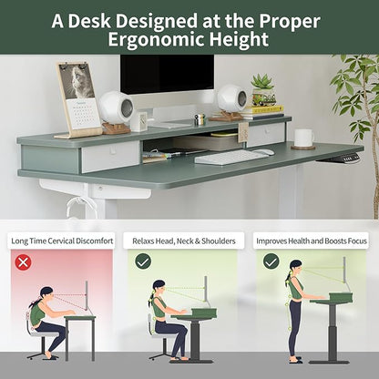 FEZIBO 55 x 24 Inch Height Adjustable Electric Standing Desk with Double Drawer, Stand Up Desk with Storage Shelf, Sit Stand Desk, Green