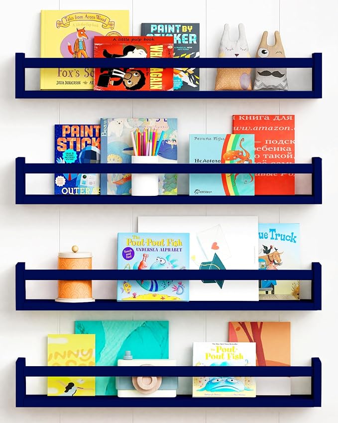 Forbena Wall Book Shelf Organizer for Kids Room Set of 4, Large Floating Book Shelves for Boy Nursery Wall Deocr, 24 Inches Wall Mount Bookshelf for Toddler Child Teen Boys Bedroom (Navy Blue)