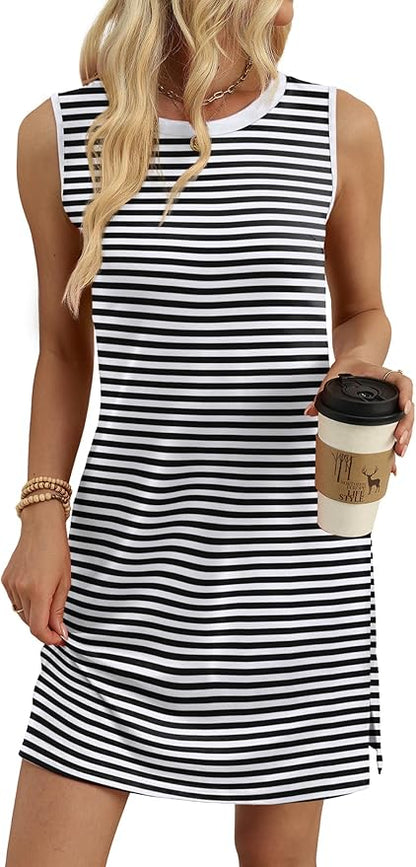 WIHOLL Casual Dresses for Women Crewneck Sleeveless Tank Dress Summer Spring Boho Vacation Clothes