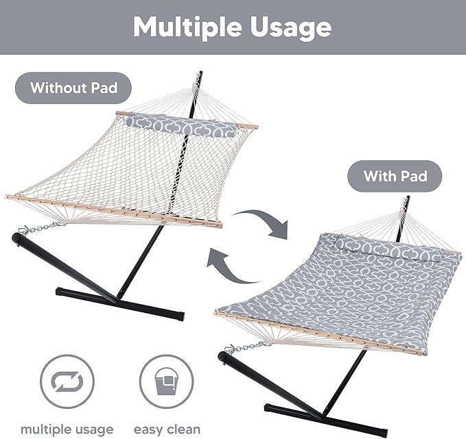 SUNCREAT Outdoor Double Hammock with Stand, Two Person Cotton Rope Hammock with Polyester Pad, Circle Pattern