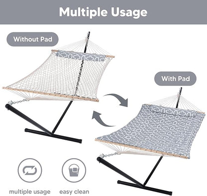 SUNCREAT Outdoor Double Hammock with Stand, Two Person Cotton Rope Hammock with Polyester Pad, Circle Pattern
