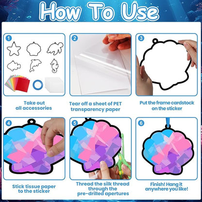 Qyeahkj 36 Set Sea Animals Suncatchers Craft for DIY Summer Tissue Paper Craft Kit Under the Sea Stained Glass Window Ornaments Decoration for Home Art Project Party Favor Gift