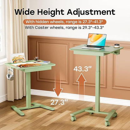Small Mobile Standing Desk with Drawer, 23.6" x 19.7" Top | Height Adjustable Portable Laptop Desk with Wheels & Cup Holder, Sit Stand Computer Workstation for Compact Space, Sage Green