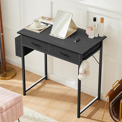 OLIXIS 32 Inch Small Desk, Computer Desk, Home Office | Fabric Drawers, Side Bag, Headphone Hook, Writing Study Work Table, Bedroom, Sleek Black