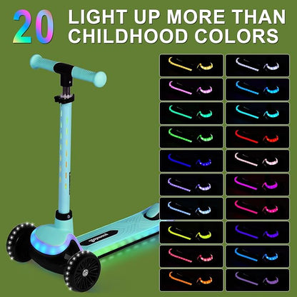 Rahmory Kids Scooter for Boys Girls Ages 3-8, 3 Wheel Light Up Toddler Kick Scooter with 20 Dynamic LED Modes, Foldable Adjustable Height, Extra Wide Deck, Lean to Steer Outdoor Toy Gift