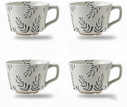 4 Pack Speckled Ceramic Coffee Mugs, 12oz Vintage Green Fern Leaf Large Tea Cups, Rustic Handmade Style Drinking Mugs for Coffee Tea Cocoa Milk, Dishwasher Microwave Safe, Housewarming Gift Set