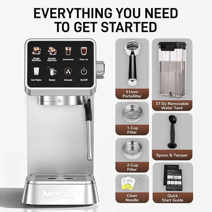 Mecity 20 Bar Espresso Machine with Milk Frother, Touchscreen Coffee Maker for Espresso, Americano & Over Ice Coffee, Compact Stainless Steel Latte & Cappuccino Maker