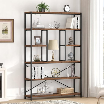 LVB Rustic Bookcases and Book Shelves, Metal Wood 6 Tier Bookshelf and Book Rack Storage, Industrial Vertical Display Etagere Book Case 6 Shelf, Vintage Large Book Shelf for Bedroom Living Room, Brown