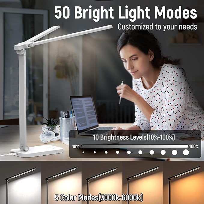 Bright LED Desk Lamp for Home Office - Dual Swing Arm Eye-Caring Architect Task Lamp, Adjustable Foldable Table Lamp, Dimmable Touch Control Desktop Lamp 5 Lighting Modes for Work/Study