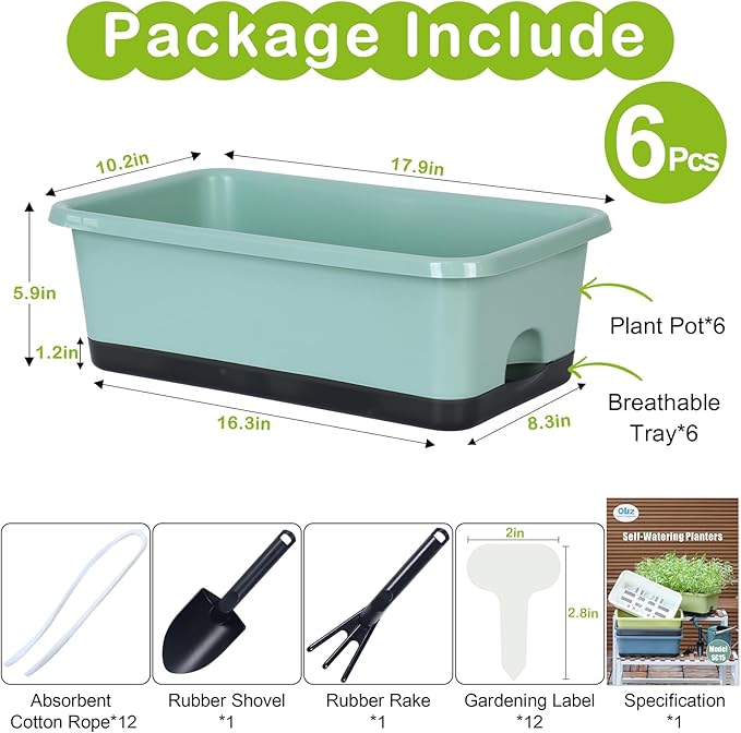 Window Box Planter 6 Pcs, 18 Inches Rectangle Flower Pots with Drainage Holes and Trays, Vegetable Planters for Windowsill Patio Garden Balcony Home Porch Yard Indoor Outdoor (Green, 18*10*6 inch)