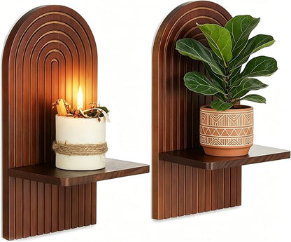 Mid Century Modern Walnut Wall Candle Holder Set of 2 | 3D Arch Candle Sconces, MCM Decor, Wooden Minimalist Shelf, for Plants or Pillars, for Living Room Fireplace