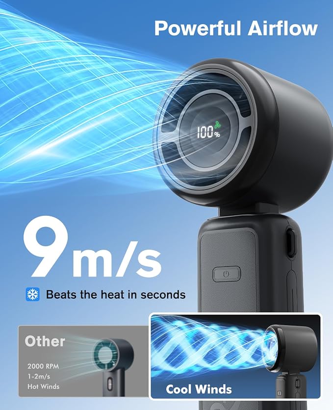 WHATOOK High Speed Portable Fan Rechargeable Personal Handheld Fan | 4000mAh 12 Hours 9m/s Strong Wind Cooling, Rechargeable Battery Small Hand Held Fans for Cruise Travel Theme Parks